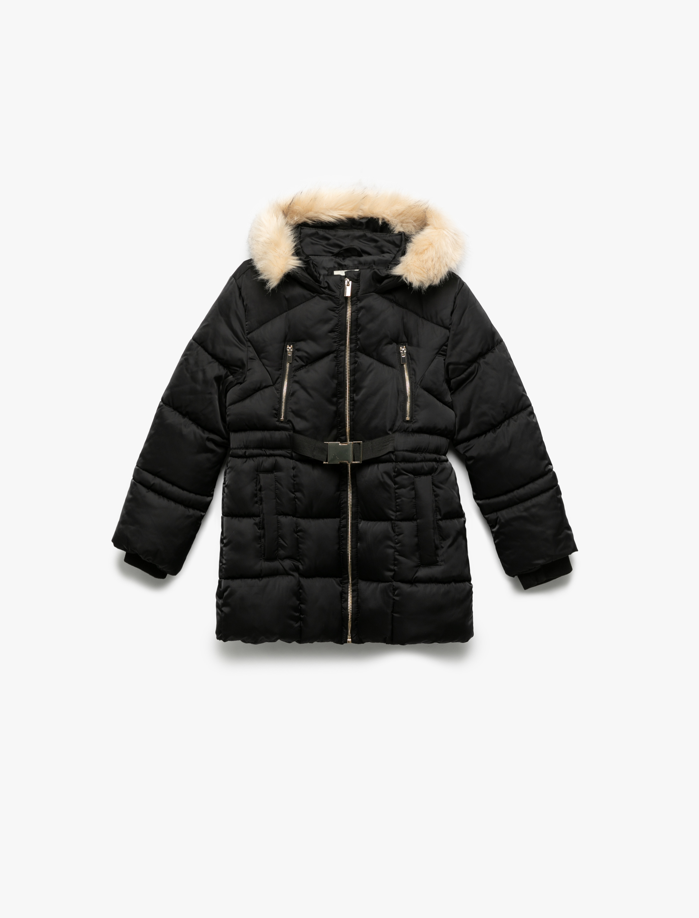  Kız Çocuk Uzun Kollu Suni Kürk Detaylı Kemerli Kapşonlu Kaban