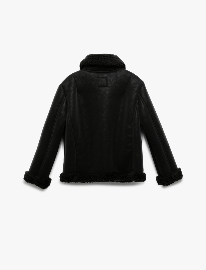 Kız Çocuk Uzun Kollu Peluş Detaylı Gömlek Yaka Suni Süet Ceket