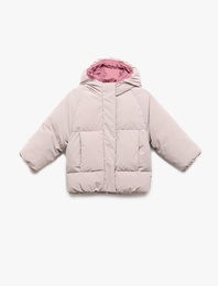 Kapşonlu Uzun Kollu Cepli Şişme Mont