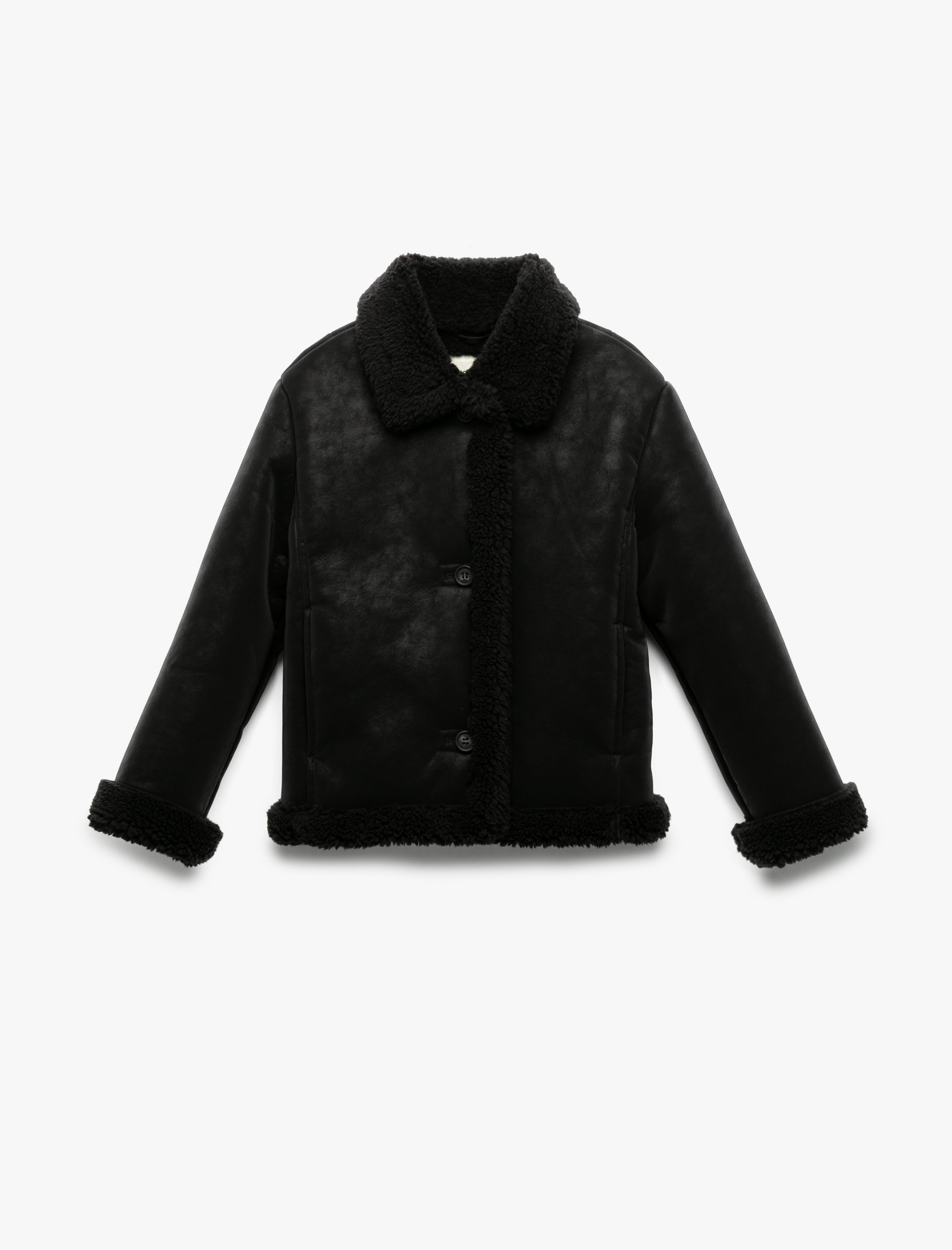  Kız Çocuk Uzun Kollu Peluş Detaylı Gömlek Yaka Suni Süet Ceket