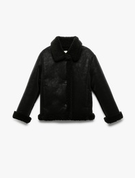 Uzun Kollu Peluş Detaylı Gömlek Yaka Suni Süet Ceket