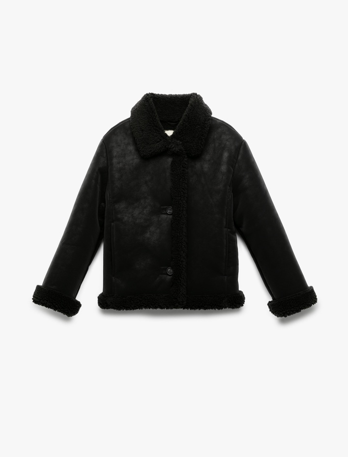 Kız Çocuk Uzun Kollu Peluş Detaylı Gömlek Yaka Suni Süet Ceket