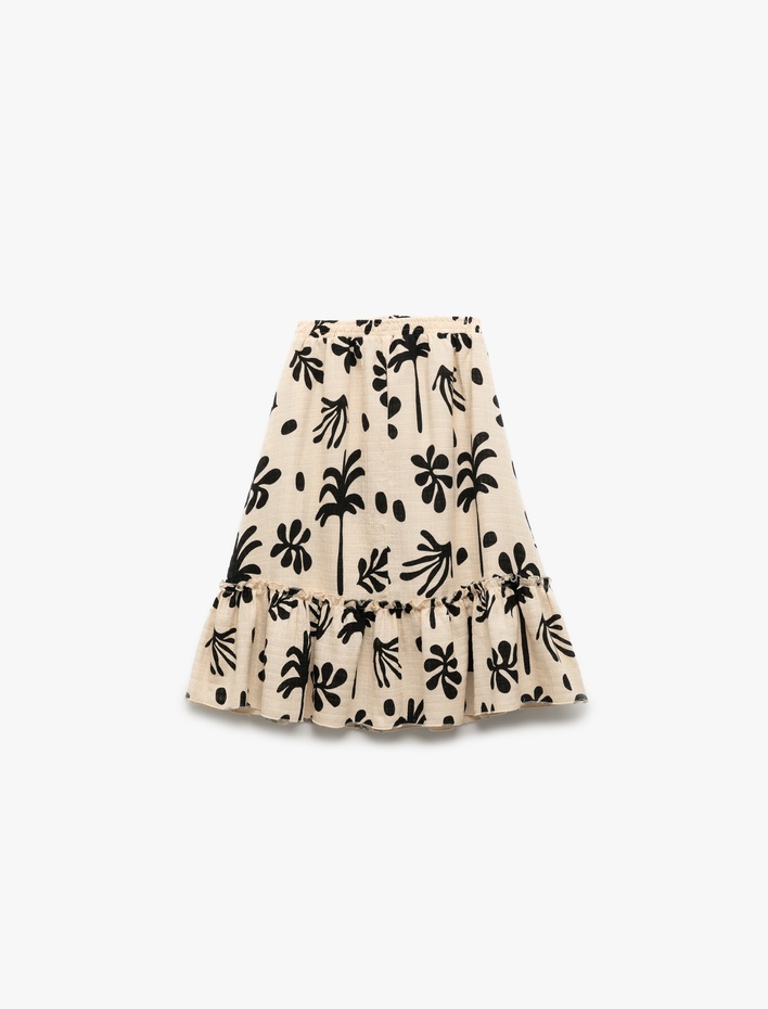 Kız Çocuk Pamuklu Yaprak Desenli Beli Lastikli Müslin Etek