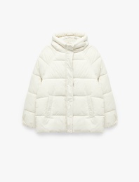 İçi Polar Astarlı Uzun Kollu Fermuarlı Su İtici Kapüşonlu Oversize Şişme Mont