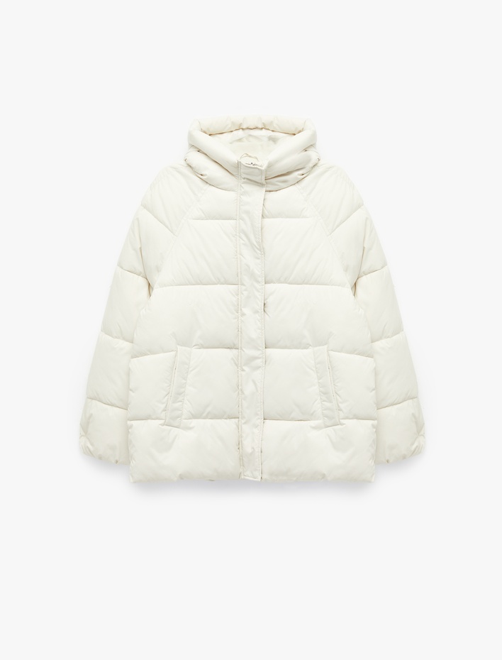  İçi Polar Astarlı Uzun Kollu Fermuarlı Su İtici Kapüşonlu Oversize Şişme Mont