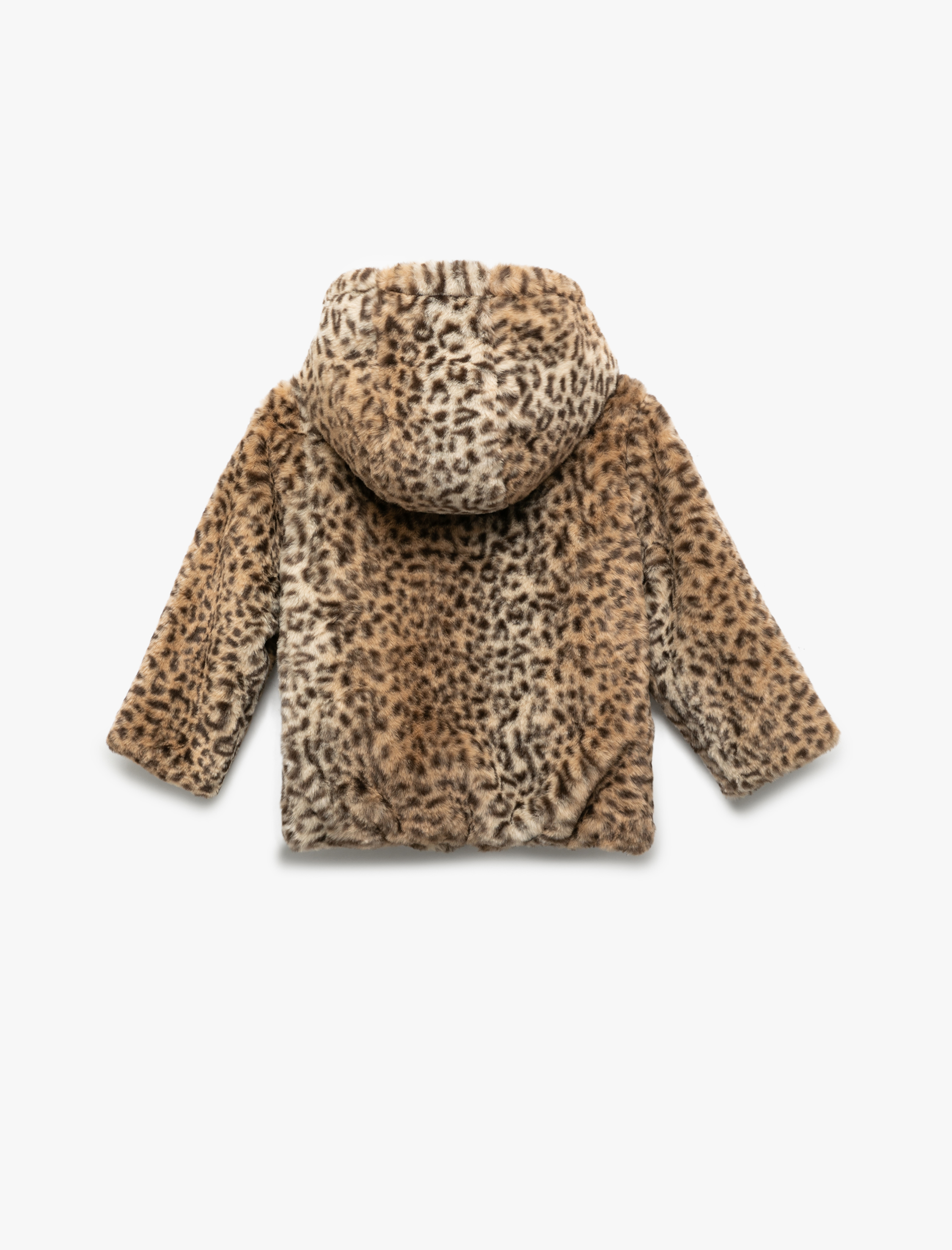  Kız Bebek Kapüşonlu Uzun Kollu Leopar Desenli Peluş Ceket