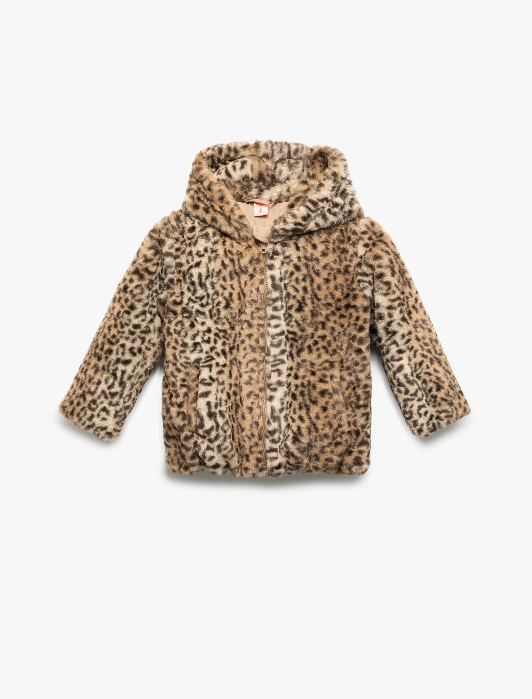  Kız Bebek Kapüşonlu Uzun Kollu Leopar Desenli Peluş Ceket