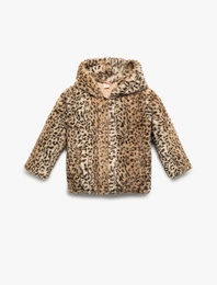 Kapüşonlu Uzun Kollu Leopar Desenli Peluş Ceket