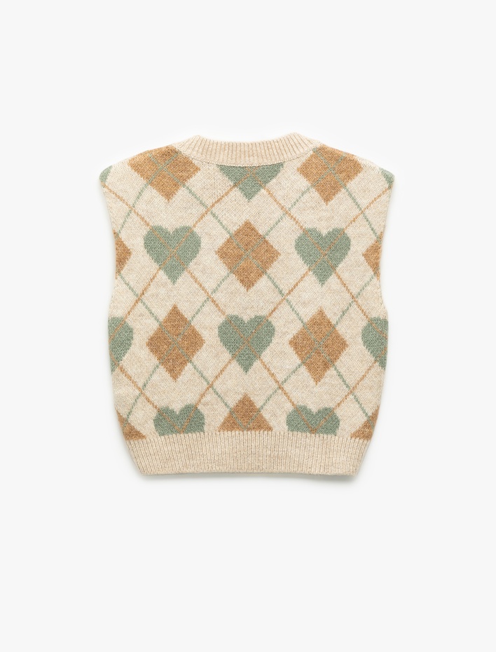 Kız Çocuk Baklava Desenli V Yaka Kolsuz Triko Süveter