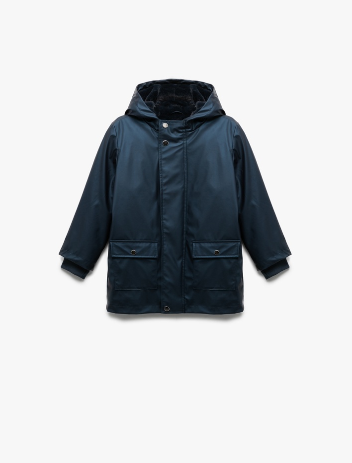 Kız Çocuk Kapaklı Cepli Uzun Kollu Kapşonlu Yağmurluk