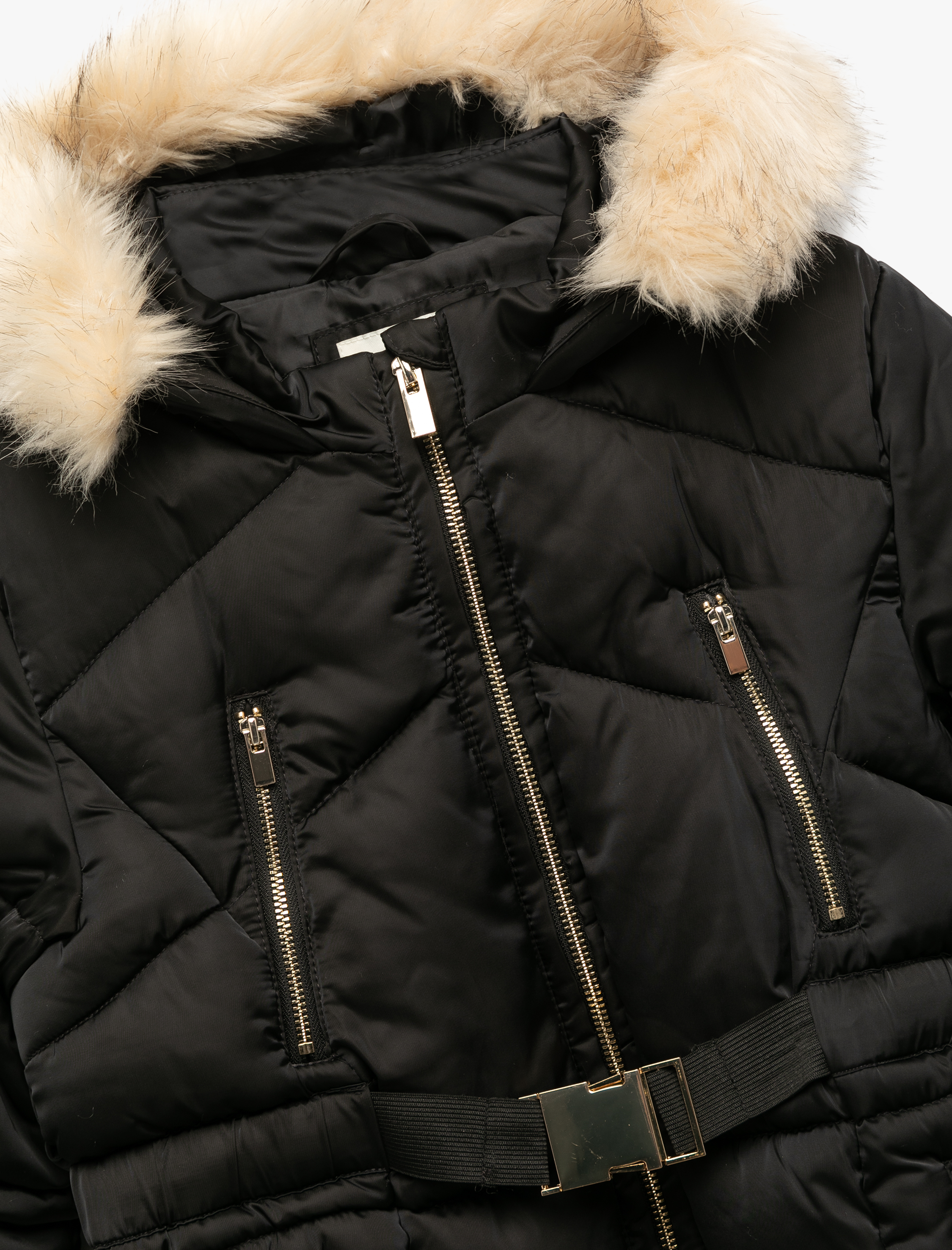  Kız Çocuk Uzun Kollu Suni Kürk Detaylı Kemerli Kapşonlu Kaban