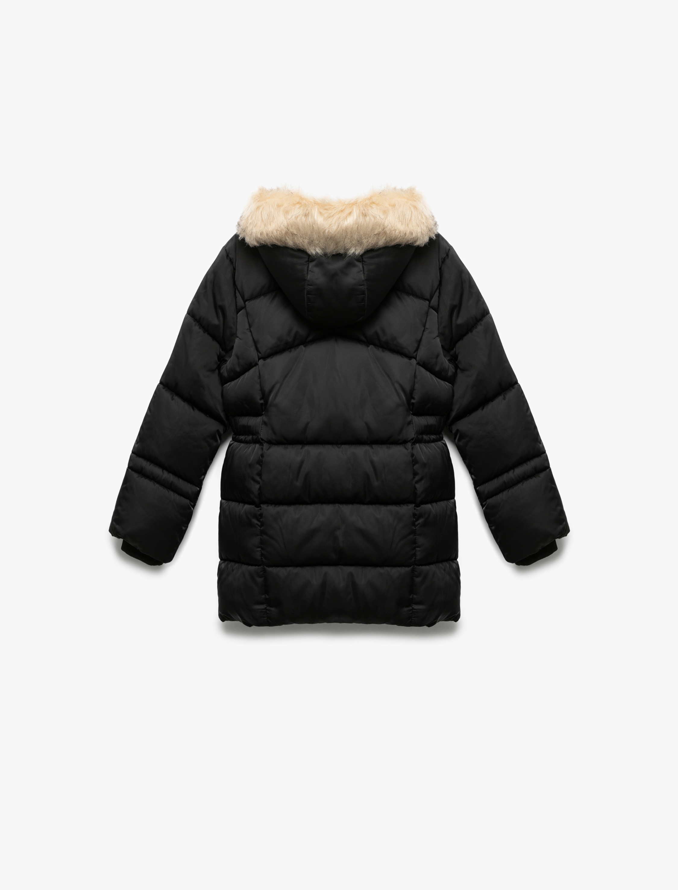  Kız Çocuk Uzun Kollu Suni Kürk Detaylı Kemerli Kapşonlu Kaban