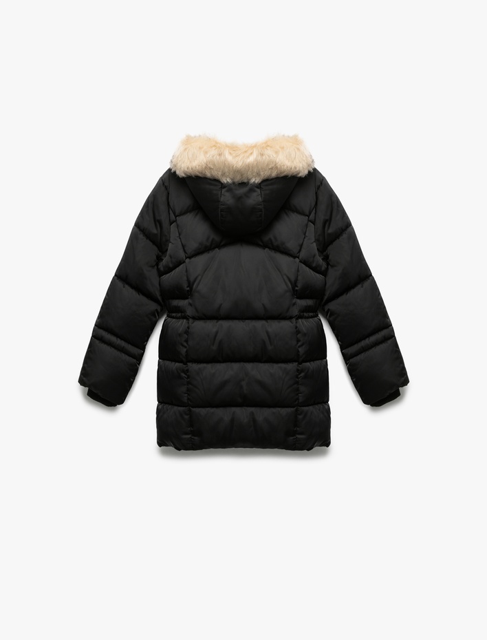 Kız Çocuk Uzun Kollu Suni Kürk Detaylı Kemerli Kapşonlu Kaban