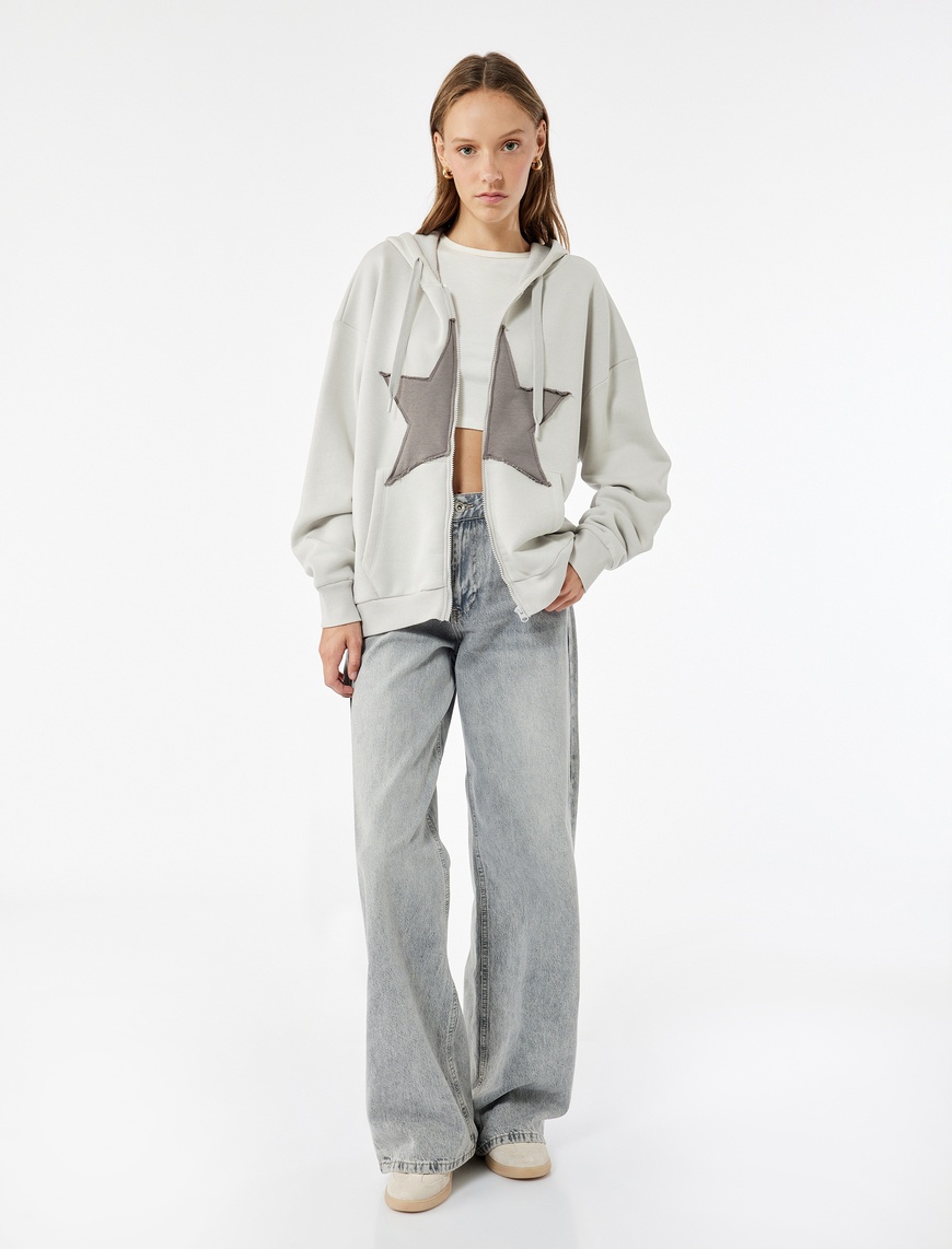   Yıldız Baskılı Şardonlu Kapüşonlu Kanguru Cepli Oversize Fermuarlı Sweatshirt