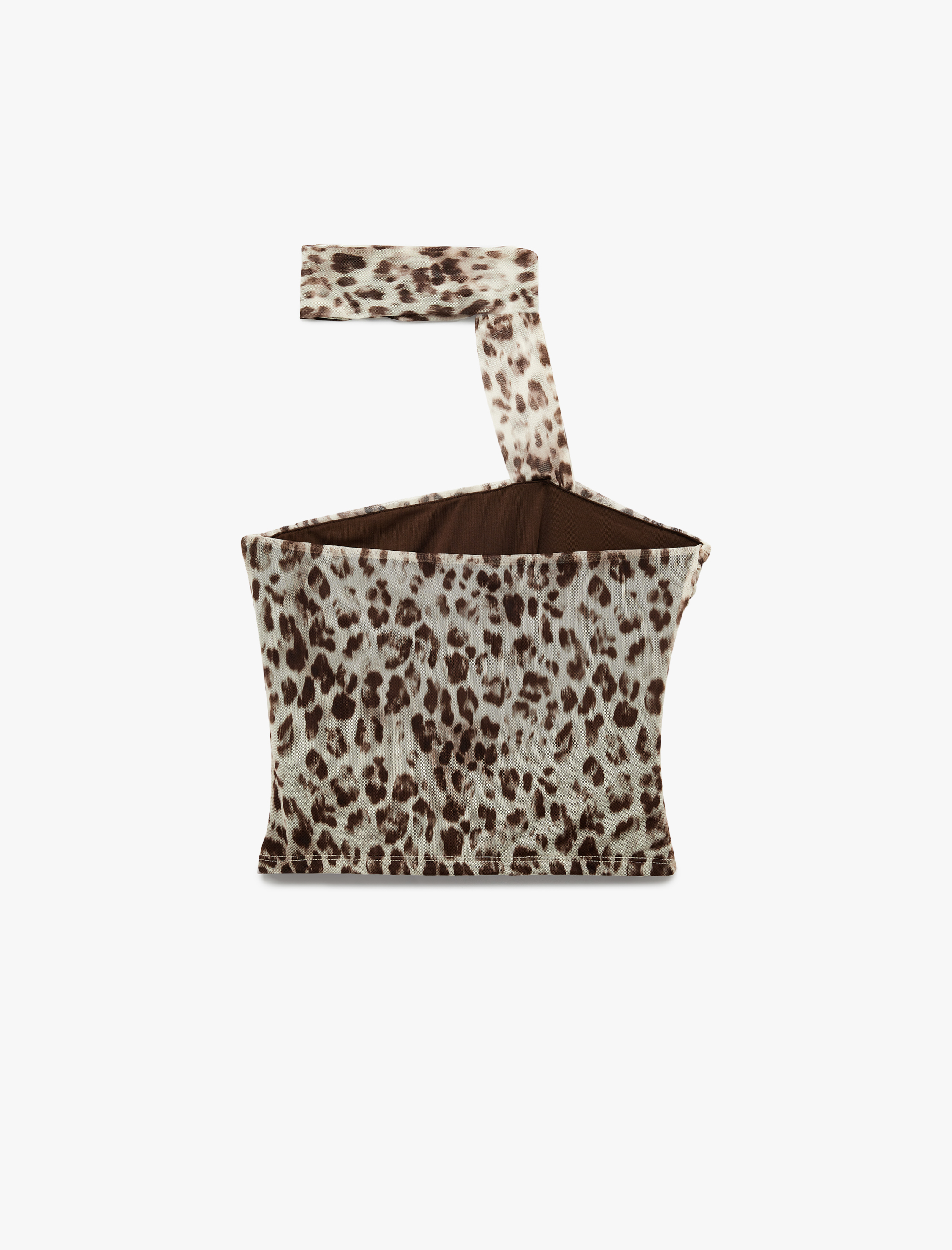   Koton X Zeynep Bastık - Tül Boyundan Fular Detaylı Drapeli Leopar Desenli Crop Straplez Bluz