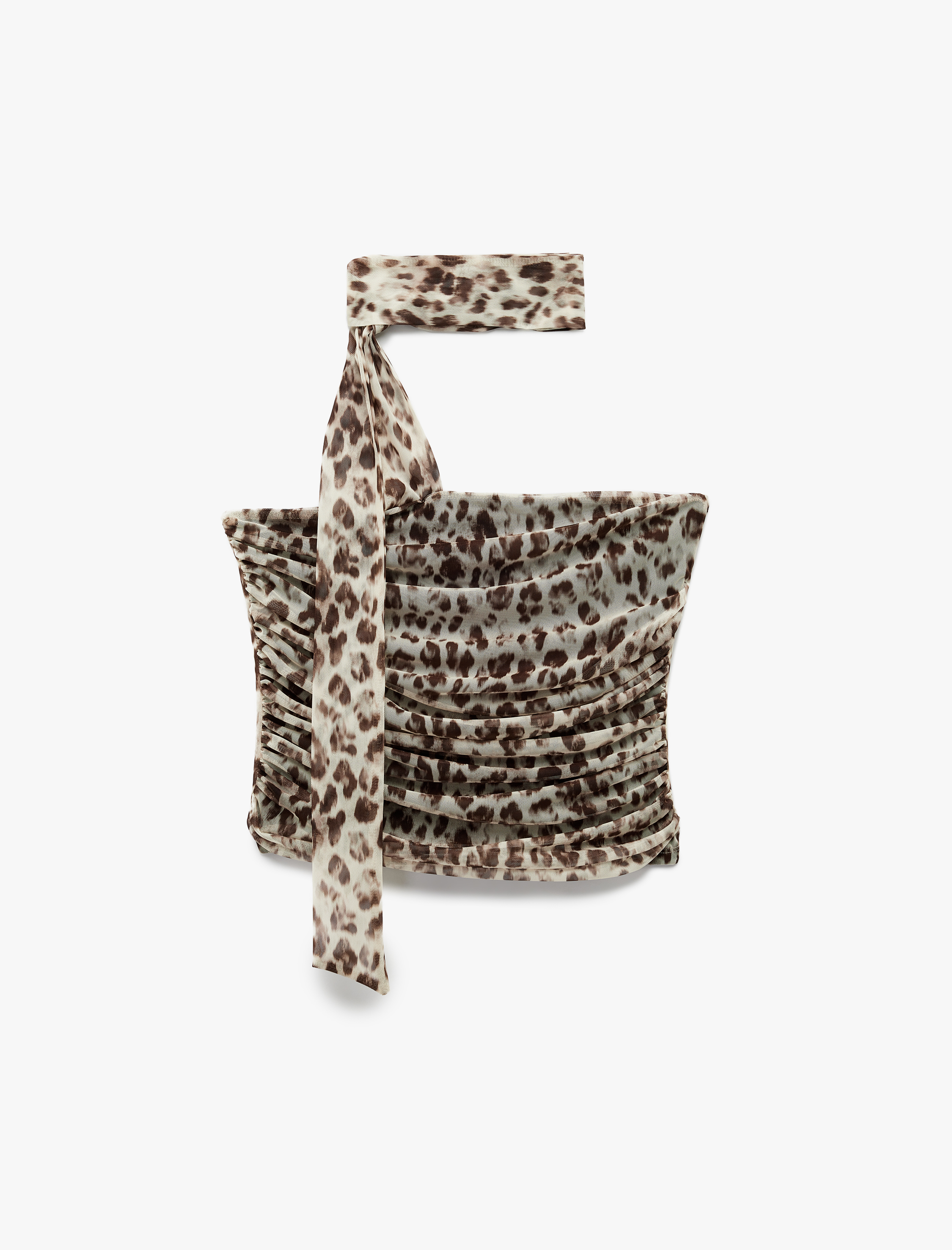   Koton X Zeynep Bastık - Tül Boyundan Fular Detaylı Drapeli Leopar Desenli Crop Straplez Bluz