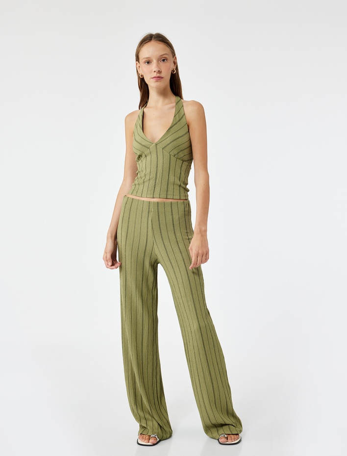  Çizgili Kolsuz Halter Yaka Bluz