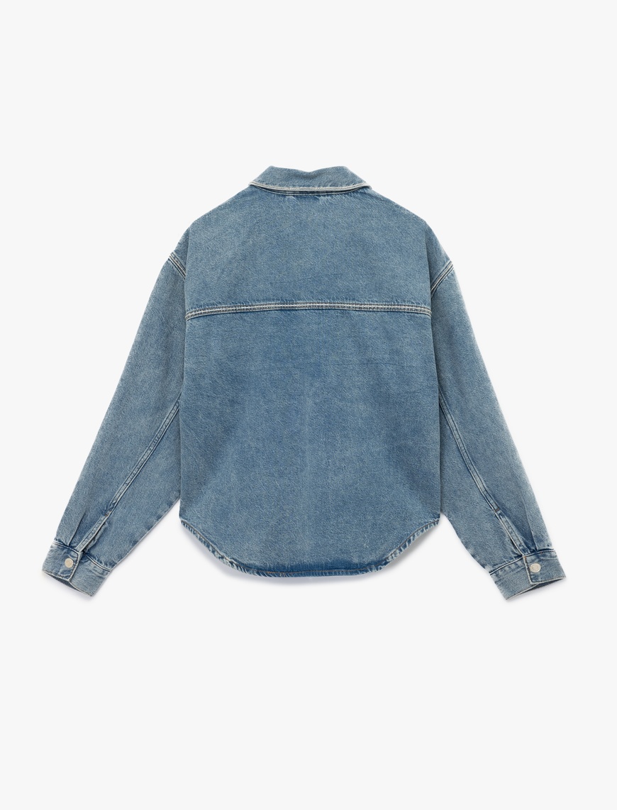   Klasik Yaka Uzun Kollu Pamuklu Düğmeli Cepli Taşlı Denim Ceket