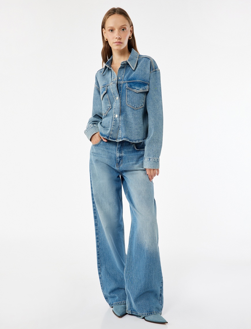   Klasik Yaka Uzun Kollu Pamuklu Düğmeli Cepli Taşlı Denim Ceket