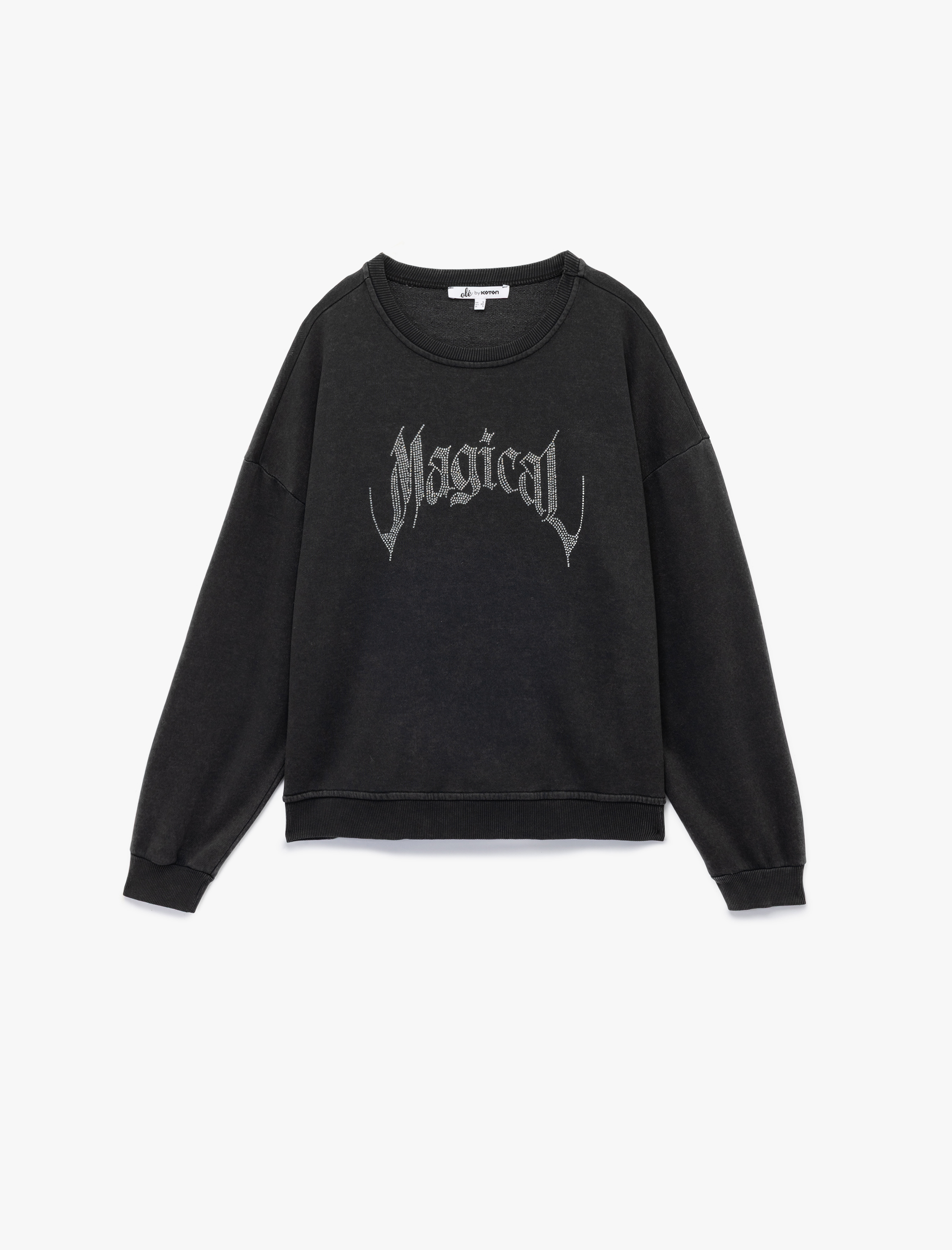   Şardonlu Uzun Kollu Bisiklet Yaka Taşlı Baskılı Oversize Sweatshirt