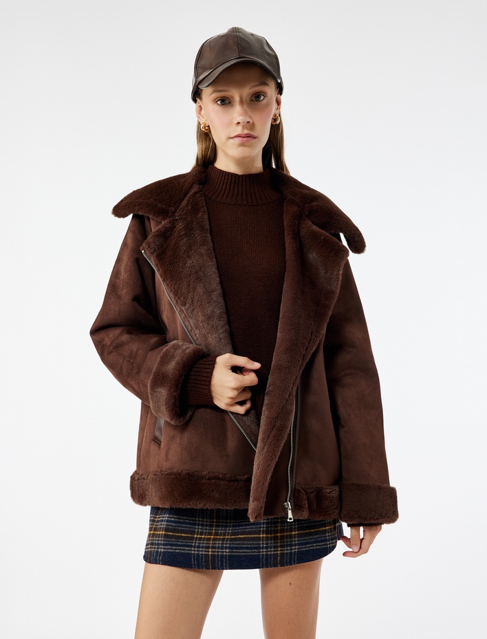  Suni Kürklü Yaka Fermuarlı Cepli Süet Görünümlü Biker Ceket