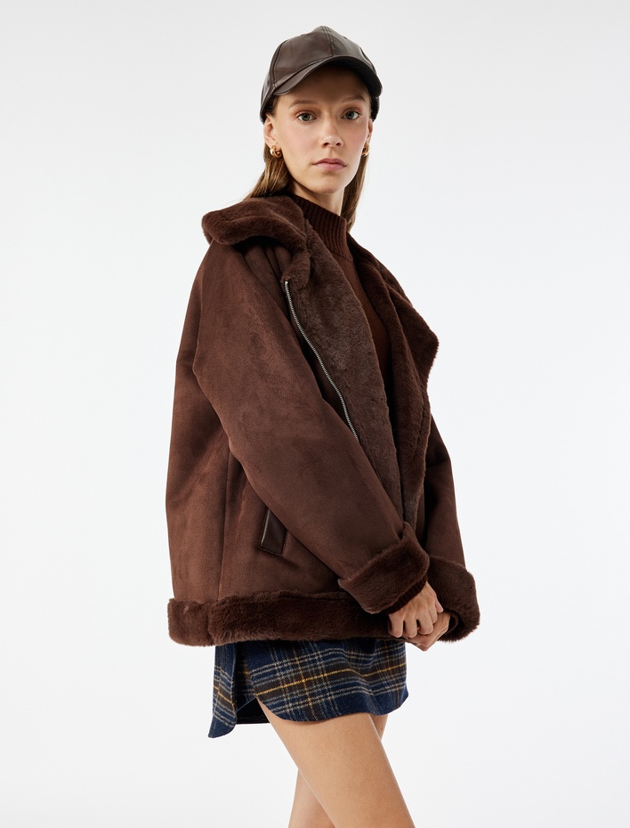  Suni Kürklü Yaka Fermuarlı Cepli Süet Görünümlü Biker Ceket