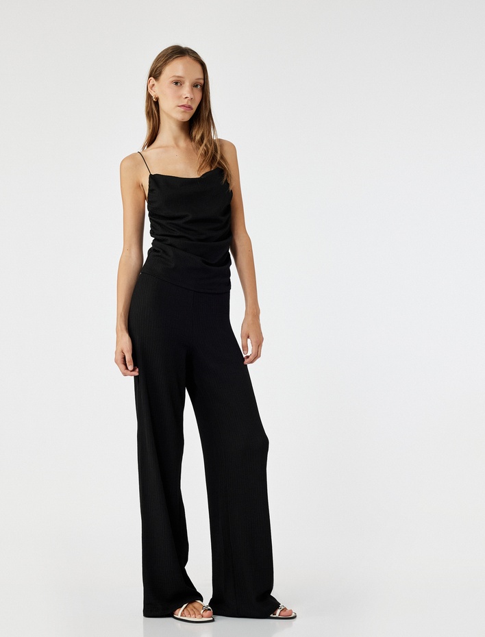  Yüksek Bel Rahat Kalıp Beli Bağcıklı Pantolon