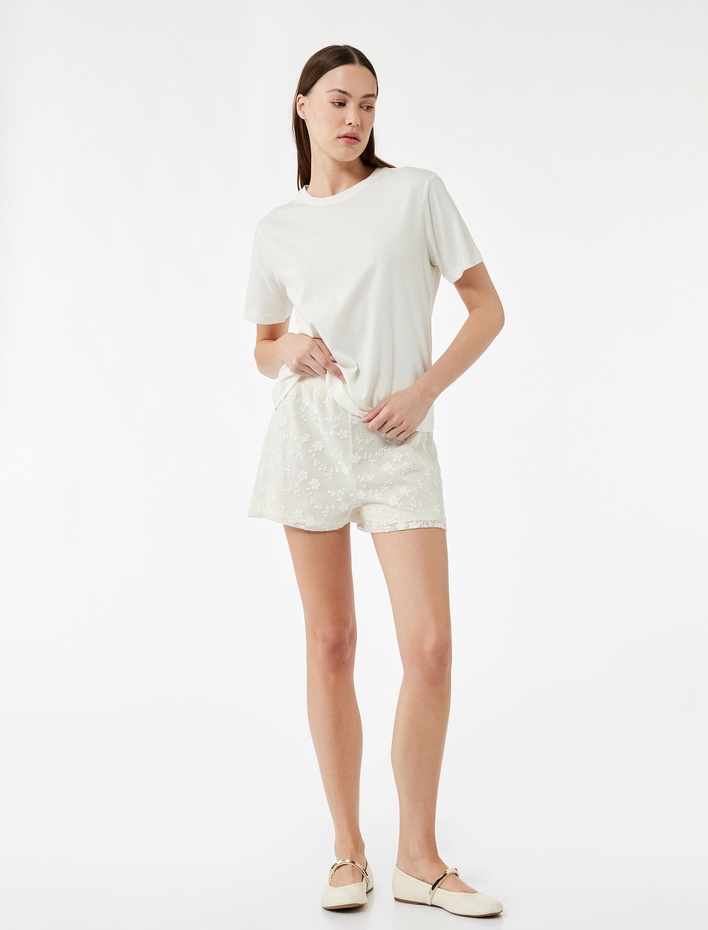  İki Farklı Kumaş Kullanımlı Ajurlu Çiçekli Dantelli Mikro Şort