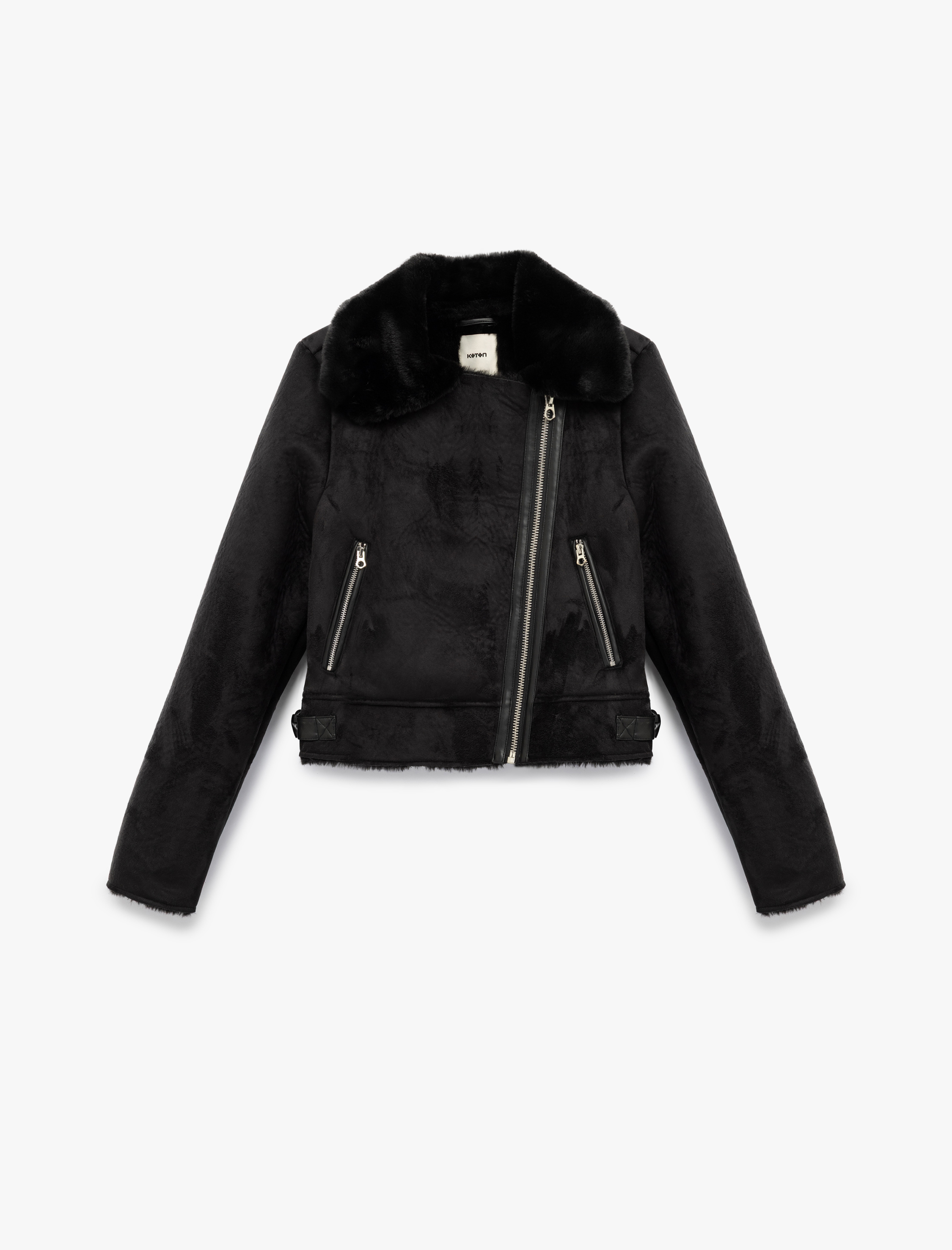   Kruvaze Yaka Uzun Kollu Fermuarlı Cepli Suni Kürk Yaka Crop Suni Süet Ceket