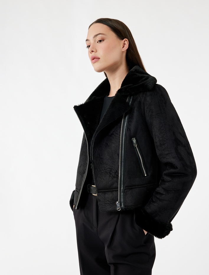  Kruvaze Yaka Uzun Kollu Fermuarlı Cepli Suni Kürk Yaka Crop Suni Süet Ceket