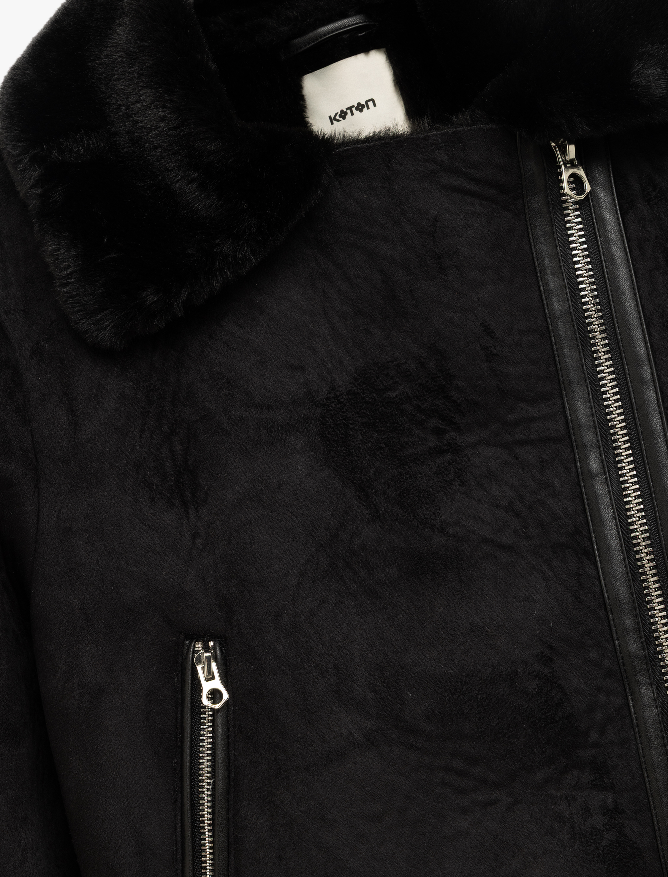   Kruvaze Yaka Uzun Kollu Fermuarlı Cepli Suni Kürk Yaka Crop Suni Süet Ceket