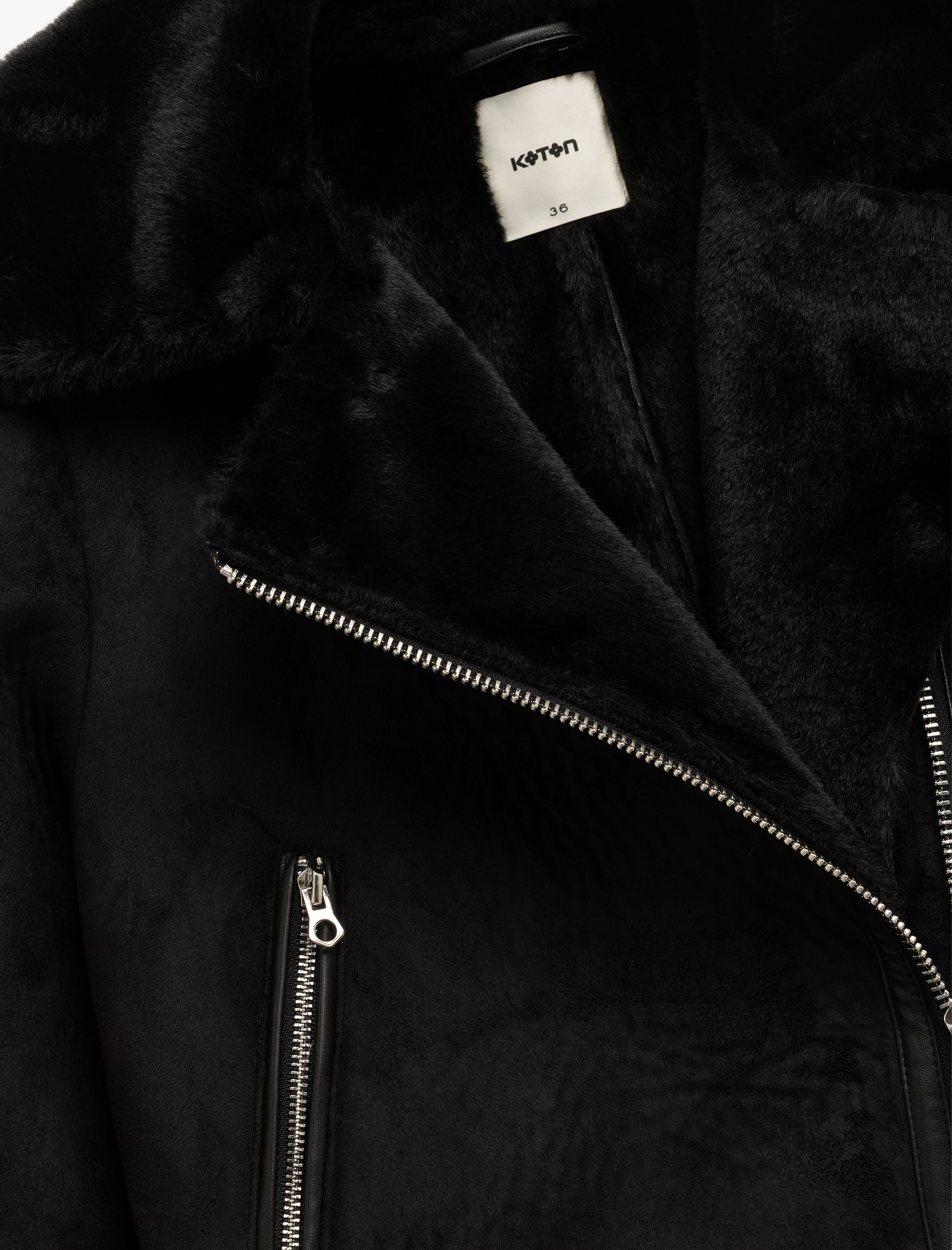   Kruvaze Yaka Uzun Kollu Fermuarlı Cepli Suni Kürk Yaka Crop Suni Süet Ceket