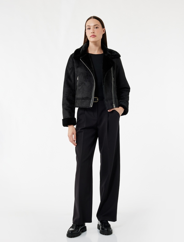  Kruvaze Yaka Uzun Kollu Fermuarlı Cepli Suni Kürk Yaka Crop Suni Süet Ceket