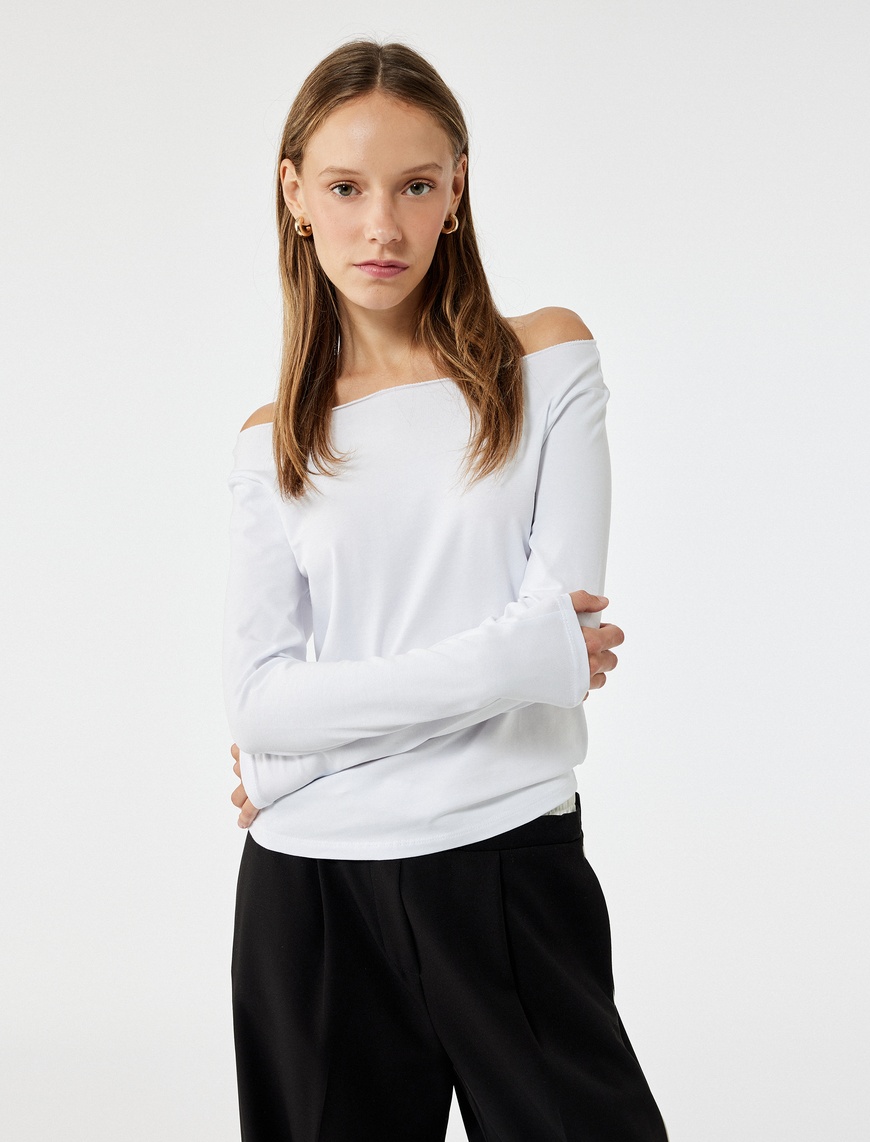   Slim Fit Uzun Kollu Kayık Yaka Pamuklu 2'li Tişört Seti