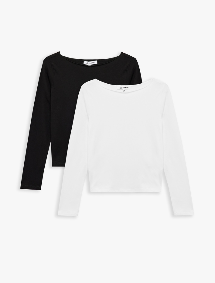  Slim Fit Uzun Kollu Kayık Yaka Pamuklu 2'li Tişört Seti