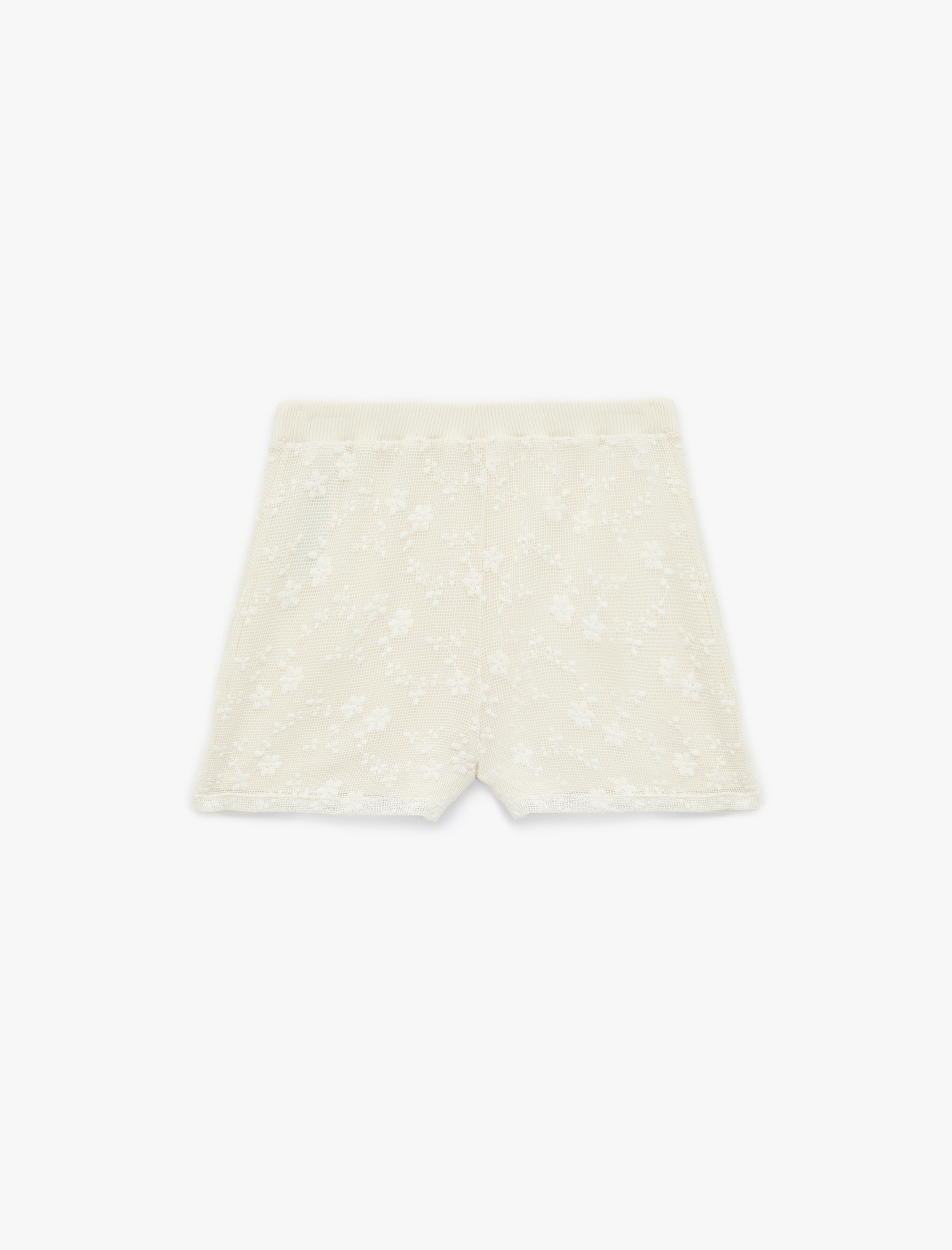   İki Farklı Kumaş Kullanımlı Ajurlu Çiçekli Dantelli Mikro Şort