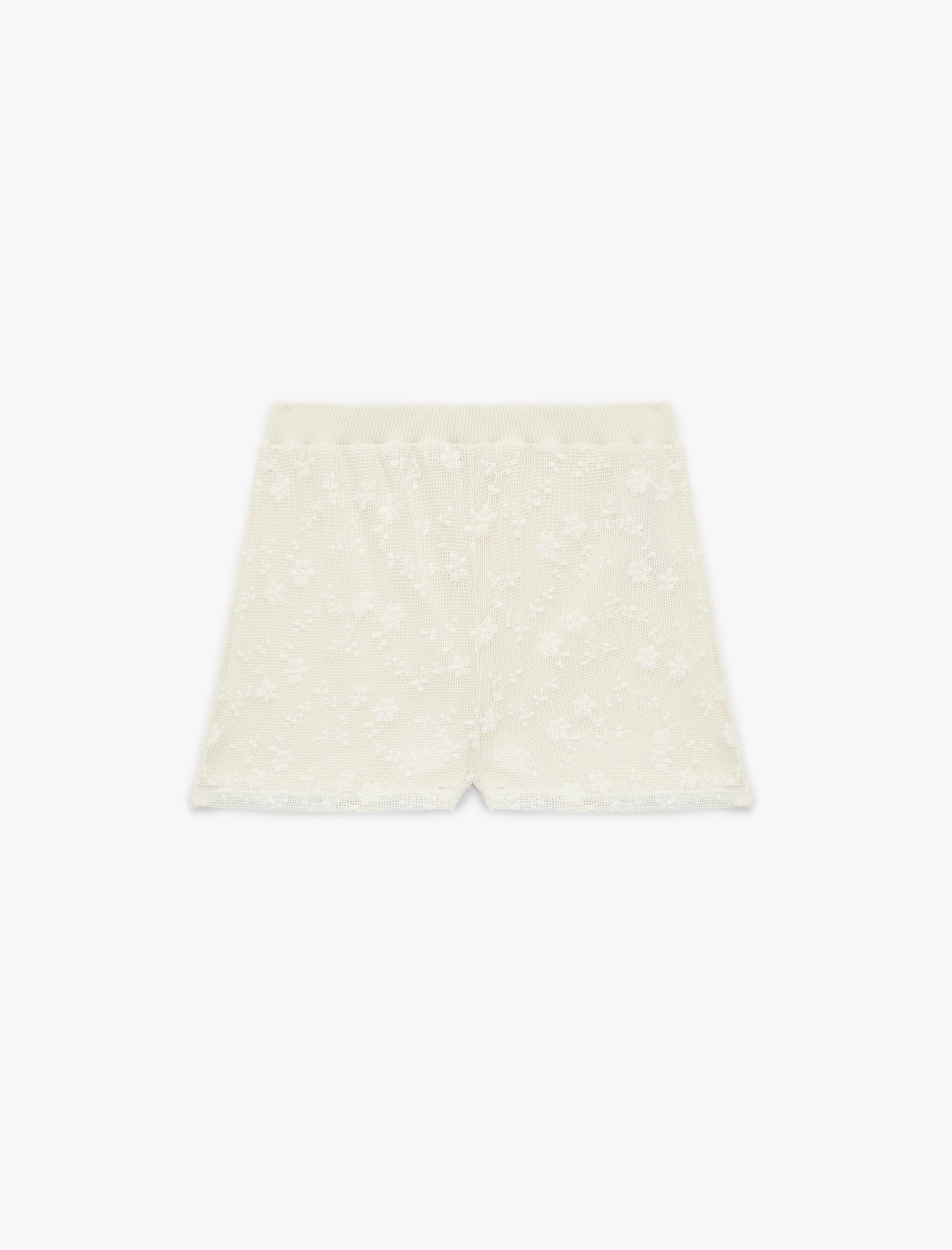   İki Farklı Kumaş Kullanımlı Ajurlu Çiçekli Dantelli Mikro Şort