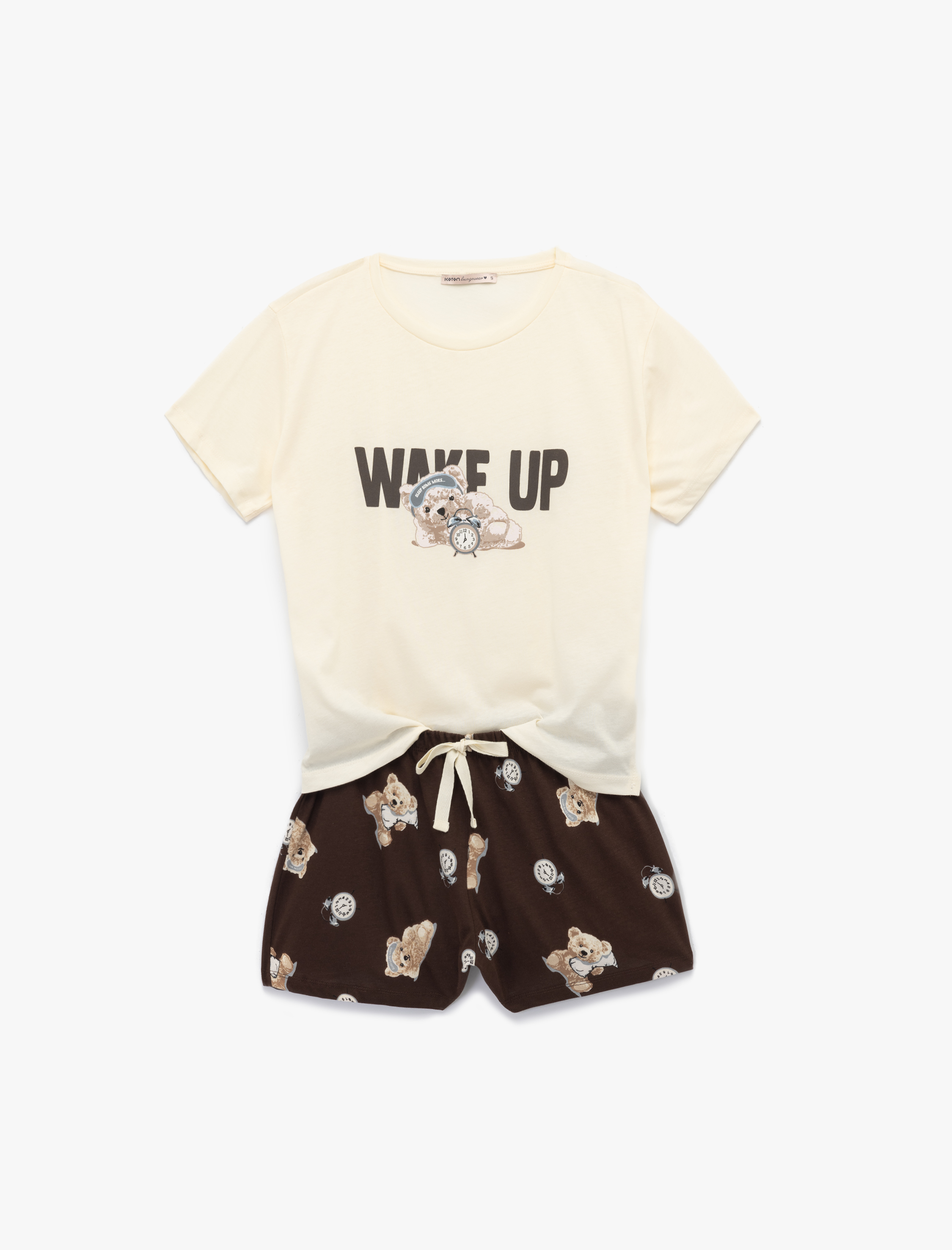   Pamuklu Kısa Kollu Ayıcık Baskılı Şortlu Pijama Takımı