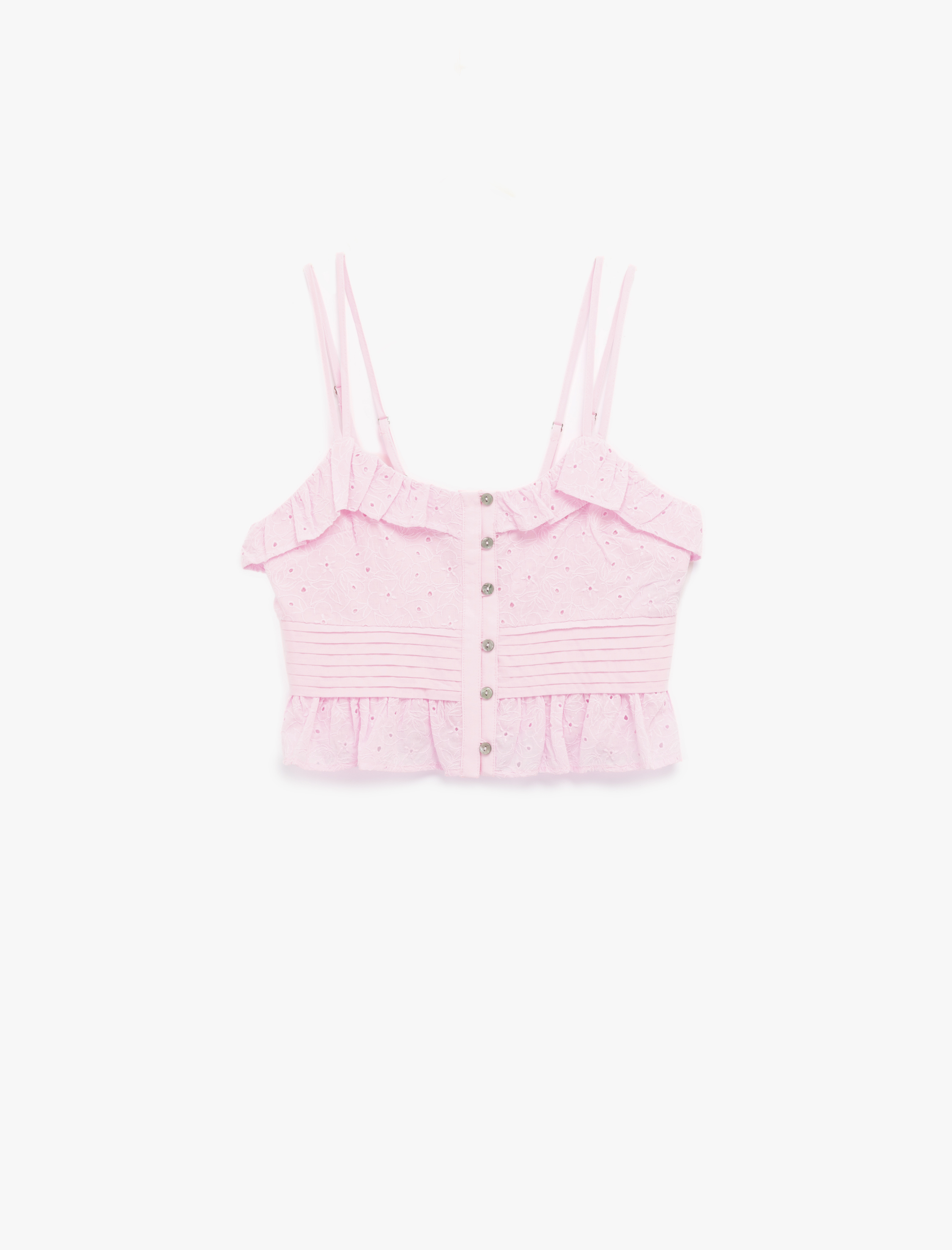   Pamuklu Kolsuz Fırfırlı Yaka Düğmeli Brodeli Crop Bluz