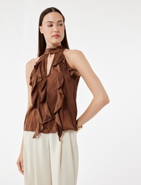 Aerobin Kumaş Kolsuz Halter Yaka Fırfırlı Bluz