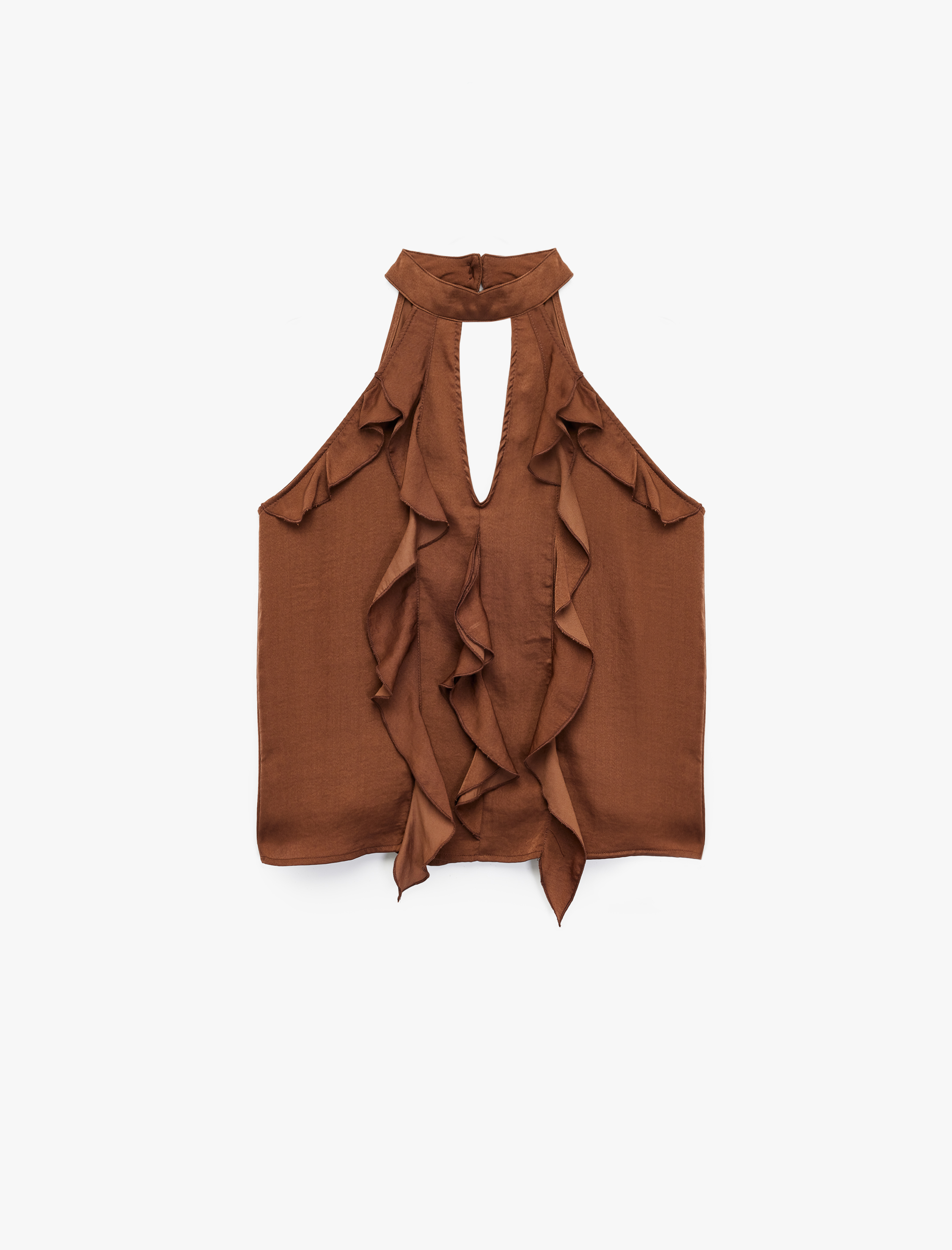   Aerobin Kumaş Kolsuz Halter Yaka Fırfırlı Bluz