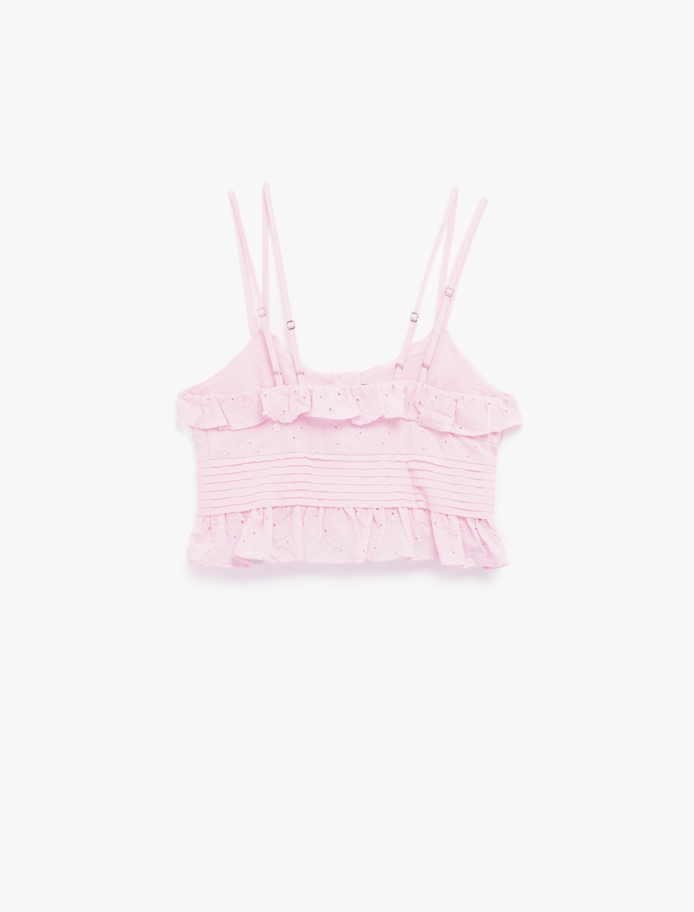   Pamuklu Kolsuz Fırfırlı Yaka Düğmeli Brodeli Crop Bluz