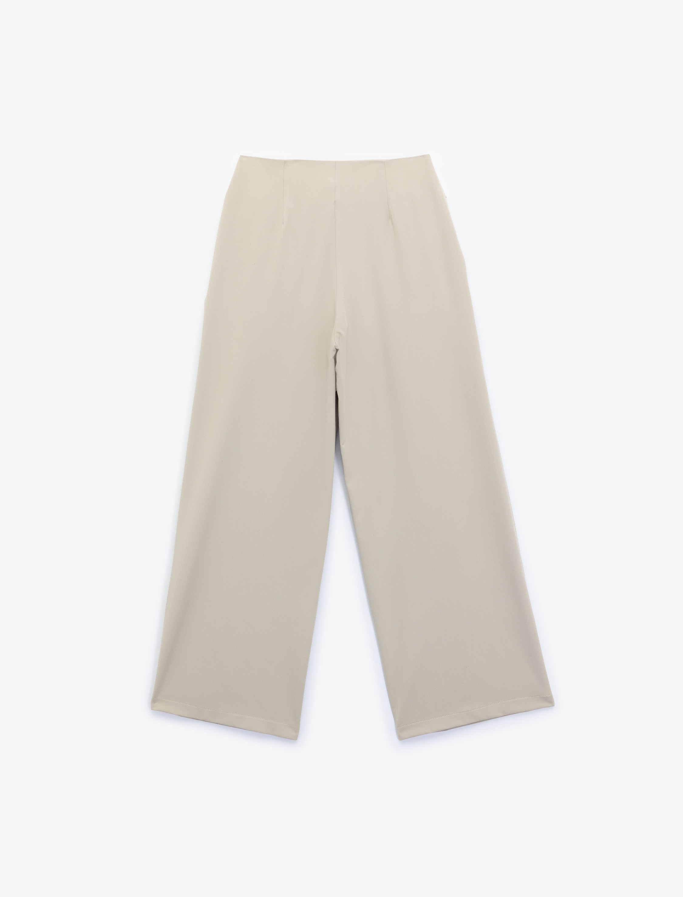   Bel Detaylı Düğmeli Yüksek Bel Geniş Paça Kumaş Pantolon