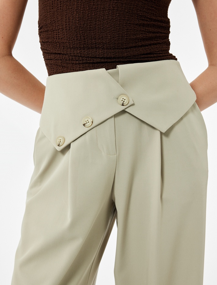  Bel Detaylı Düğmeli Yüksek Bel Geniş Paça Kumaş Pantolon