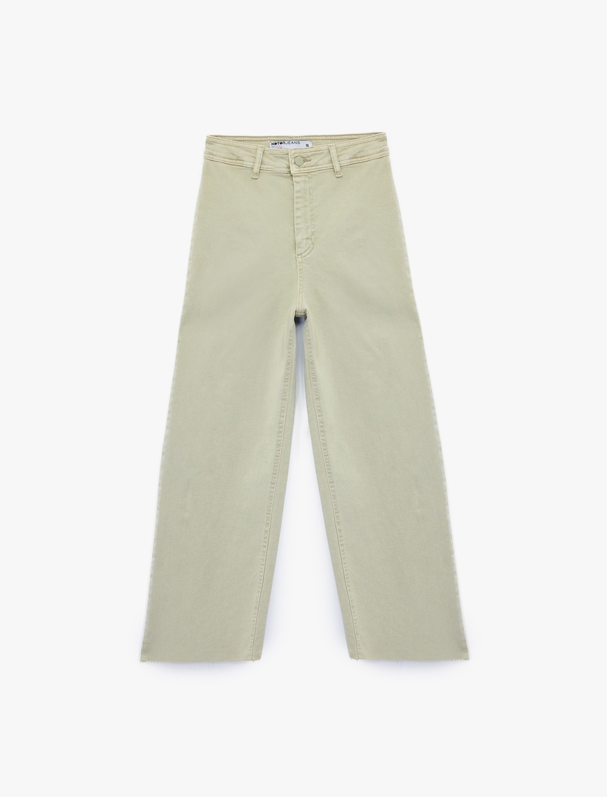   Yüksek Bel Düğmeli Cepli Rahat Kalıp Geniş Paça Denim Pantolon - Culotte Jeans