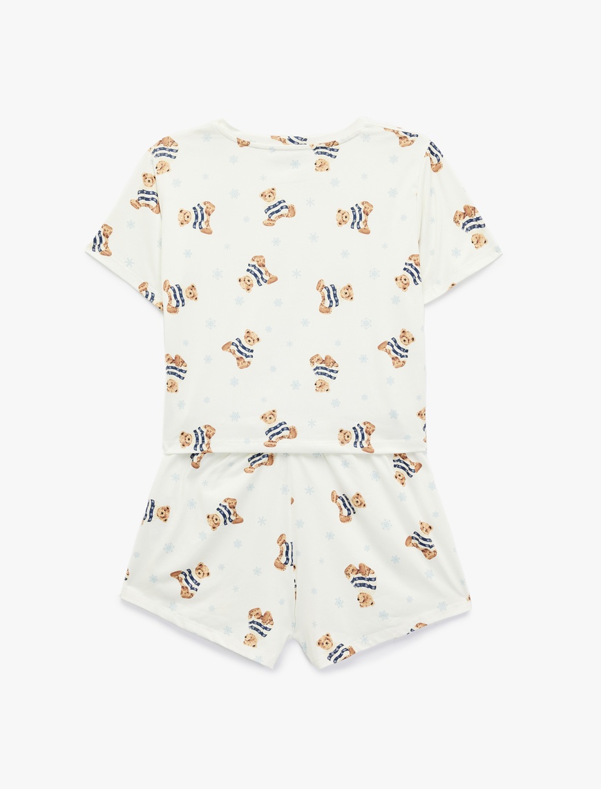   Rahat Kalıp Kısa Kollu Bisiklet Yaka Şortlu Ayıcık Baskılı Örme Pijama Takımı