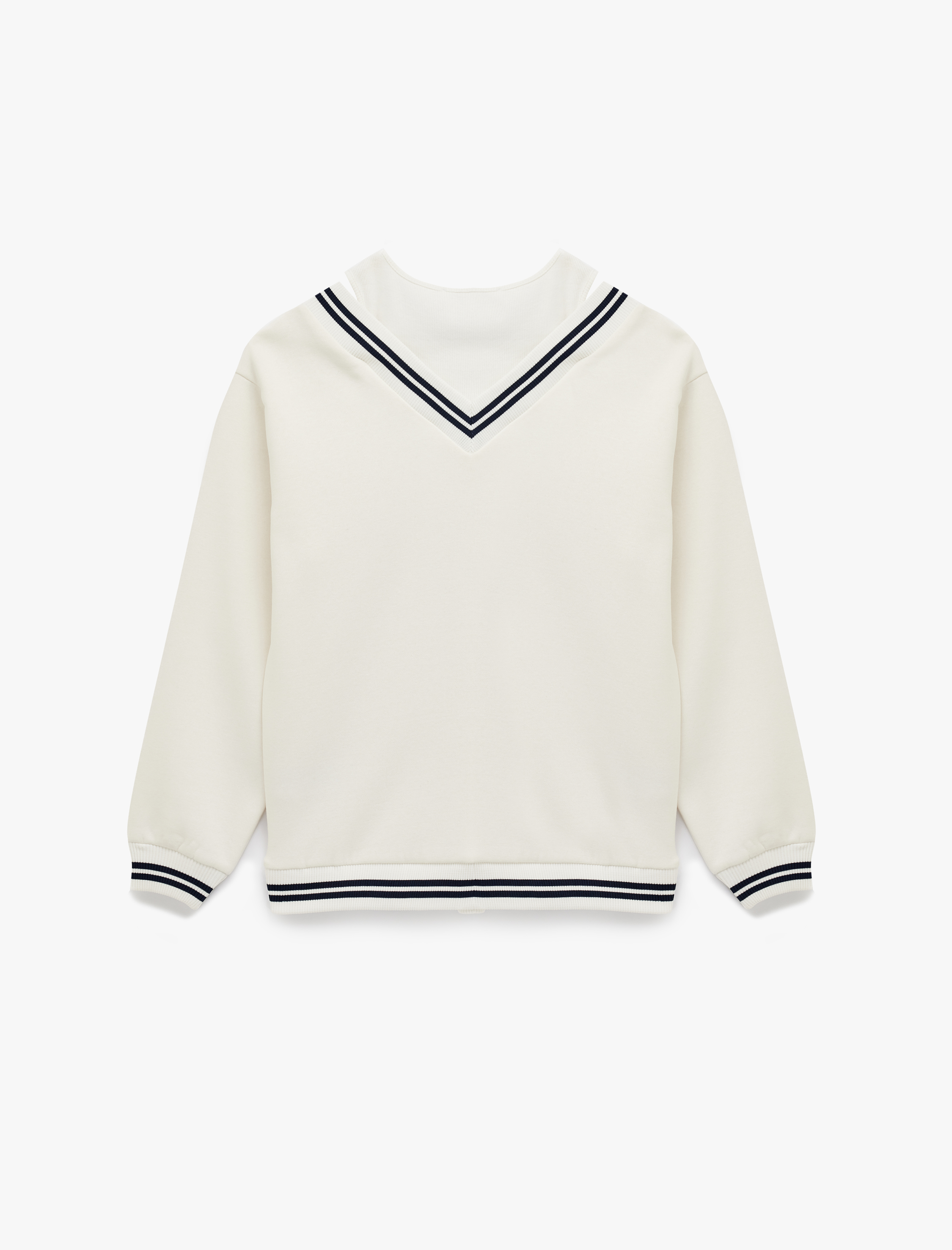   Çizgi Detaylı Uzun Kollu Çift Yaka Rahat Kalıp Sweatshirt