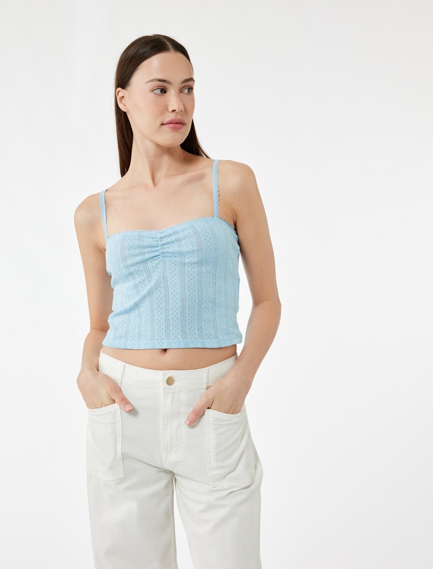Pamuklu İp Askılı Büzgülü Dokulu Slim Fit Crop Atlet_0