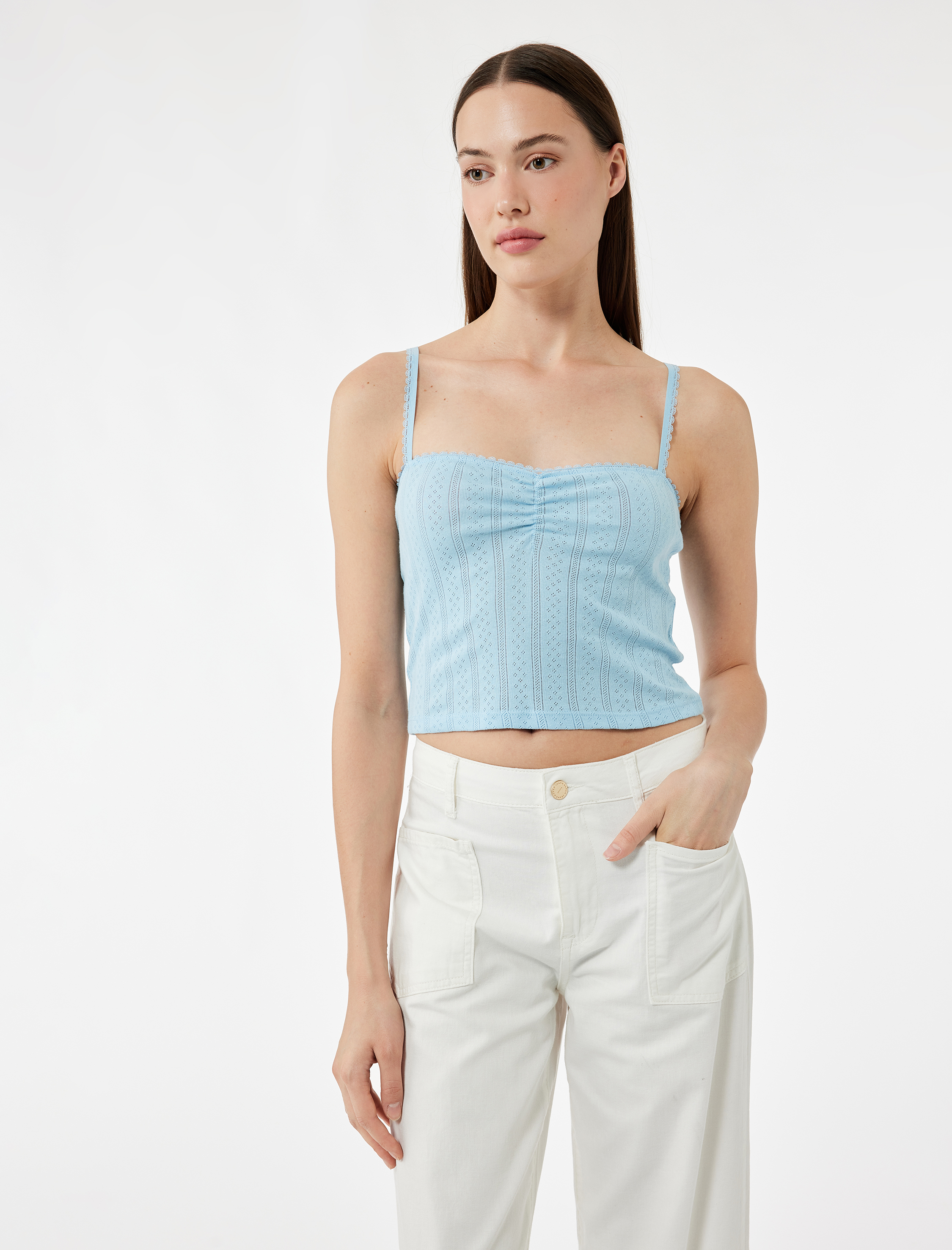   Pamuklu İp Askılı Büzgülü Dokulu Slim Fit Crop Atlet