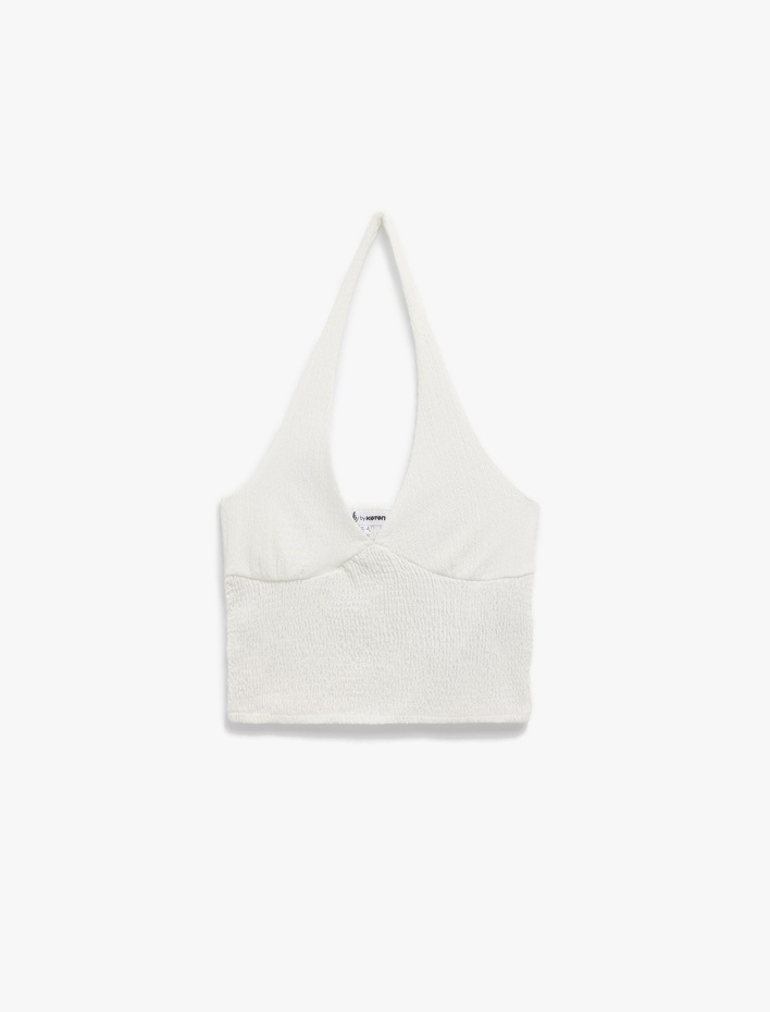  Slim Fit Kolsuz Bürümcük Halter Yaka Bluz